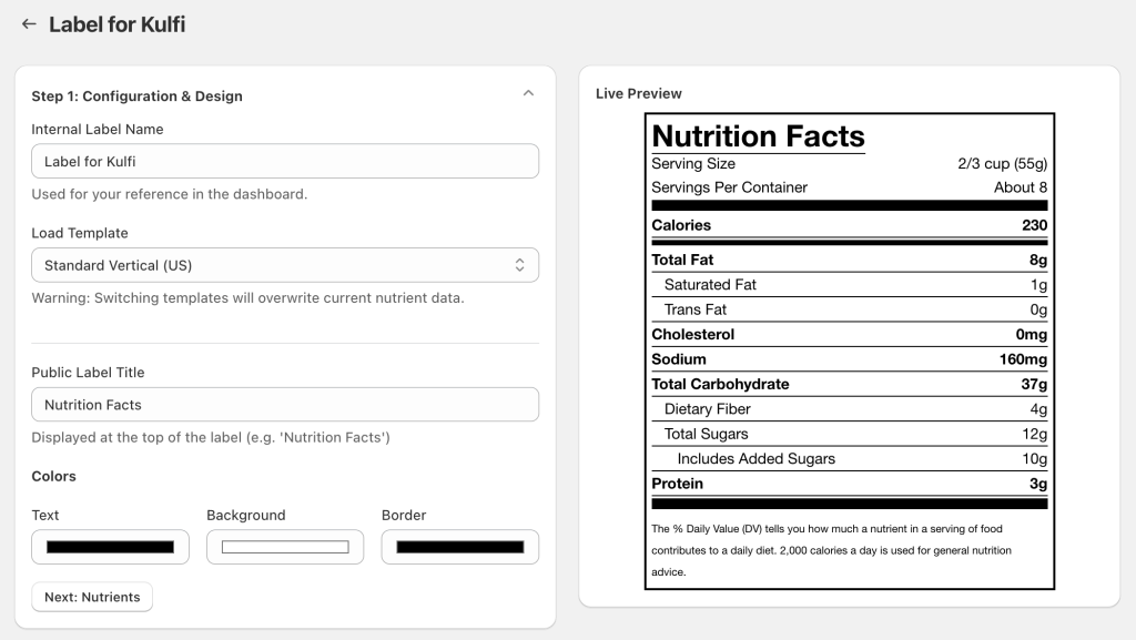 Create a nutrition facts label in Shopify