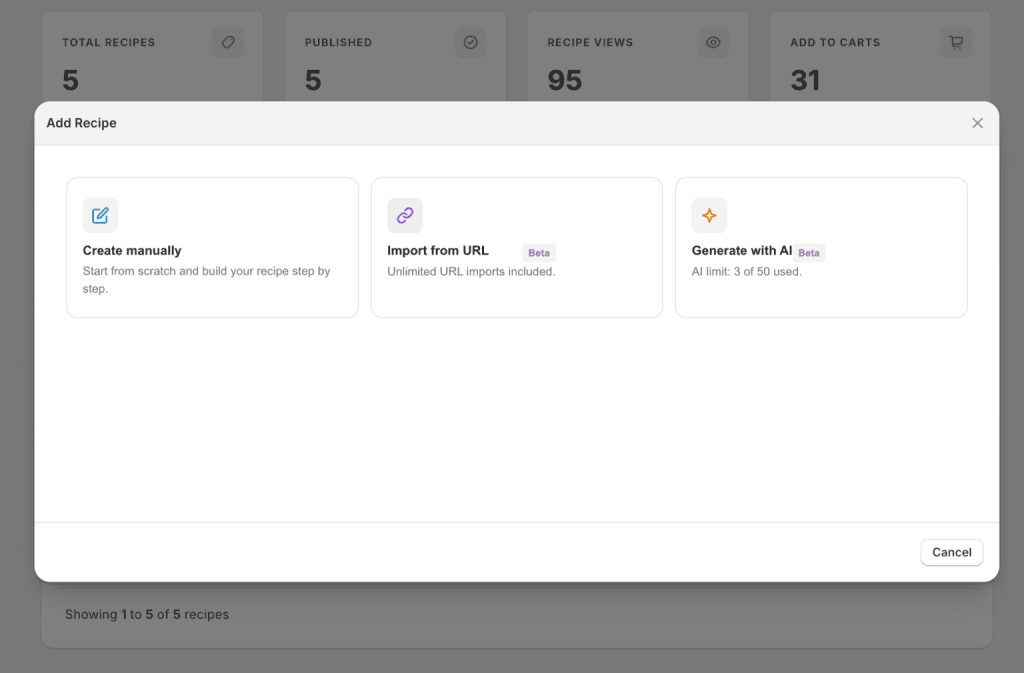 Create recipe in Shopify - three options in KL Recipe Studio - Manually, Import from URL, Generate with AI