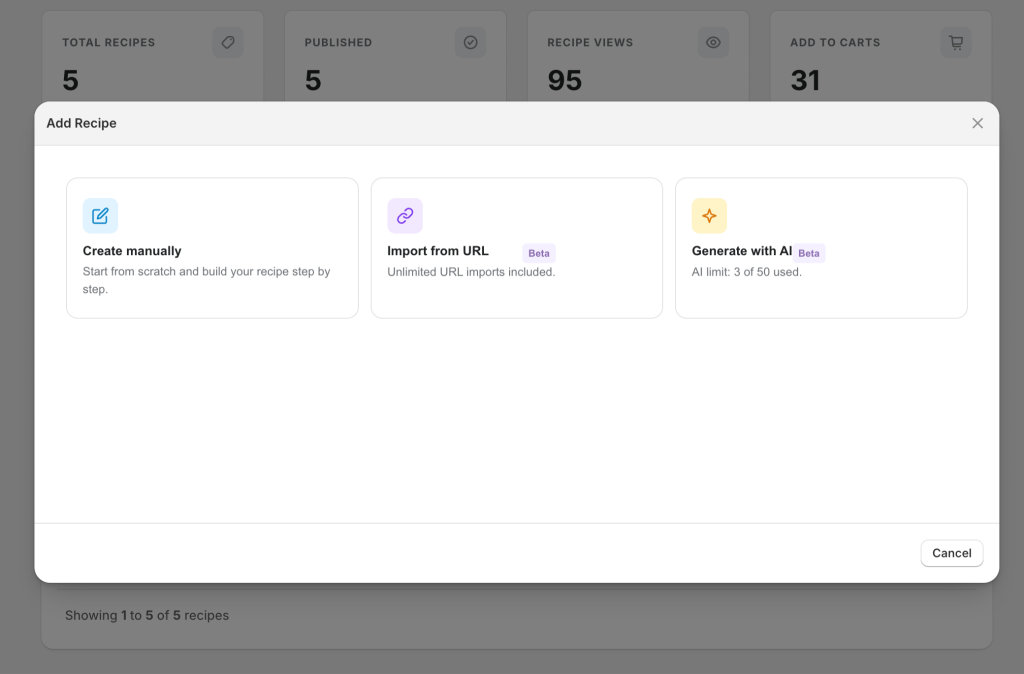 Generate, import, or create recipe in Shopify