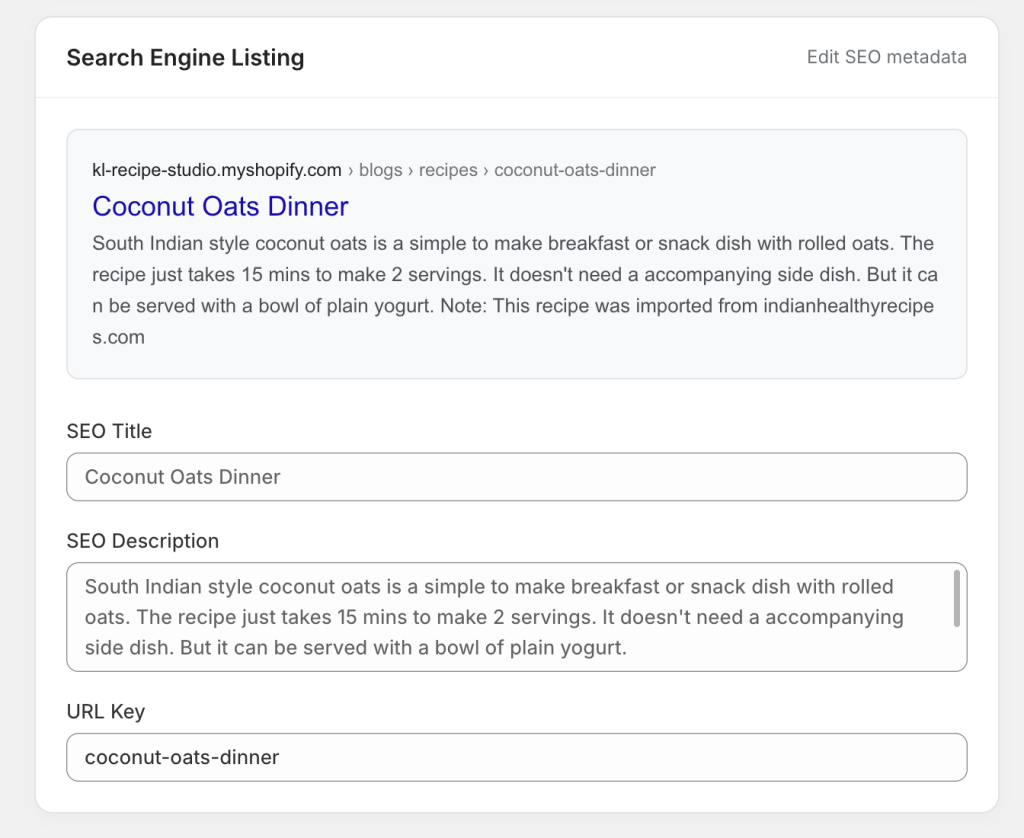 Recipes seo in shopify