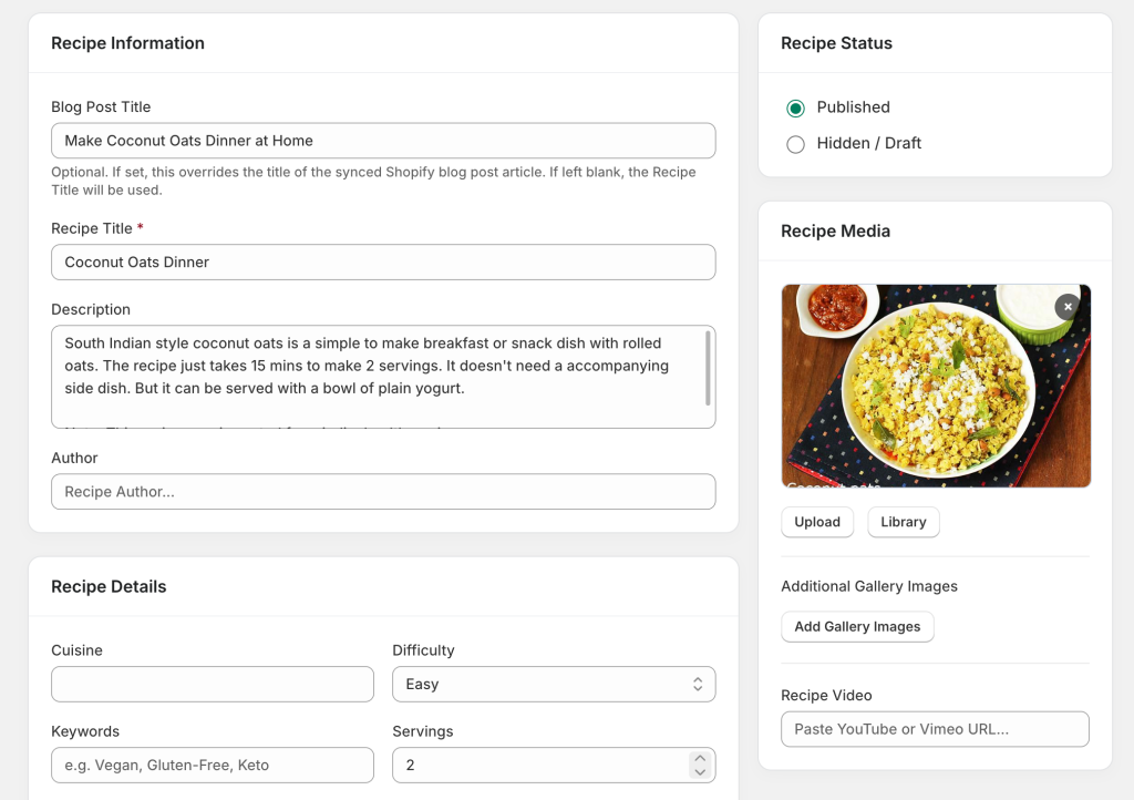 Create recipe in shopify using app