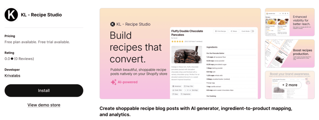 KL Recipe Studio app for Shopify