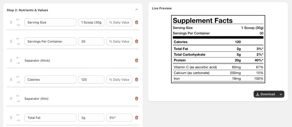 Add nutrition facts values to Shopify