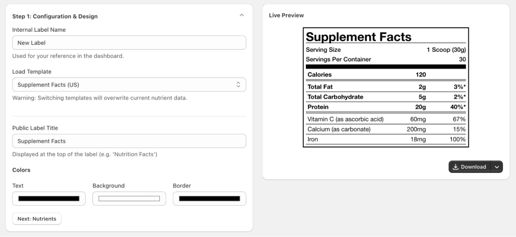 Create nutrition facts in Shopify