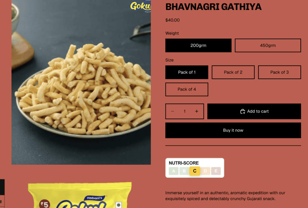 Example of product page showing nutriscore