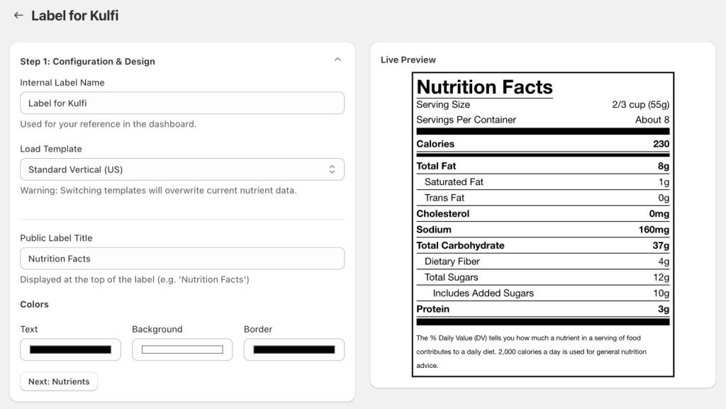 Nutrition facts shopify